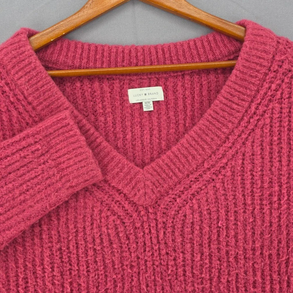Lucky Brand Womens Magenta Pink Ribbed V-Neck Chunky Knit Sweater Size Medium